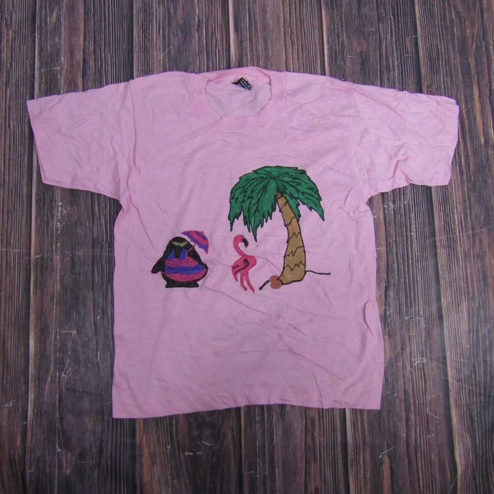 Vintage Screen Stars Best Shirt Youth Large Pink‎ Penguin Flamingo Palm 80s